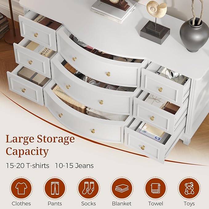 9-Drawer Chest, Wide Dresser with 3 Large Arc Fronts,Roman Column Decor, Spacious Bedroom Storage Furniture, 55 Inch Long (White, 9 Drawer)