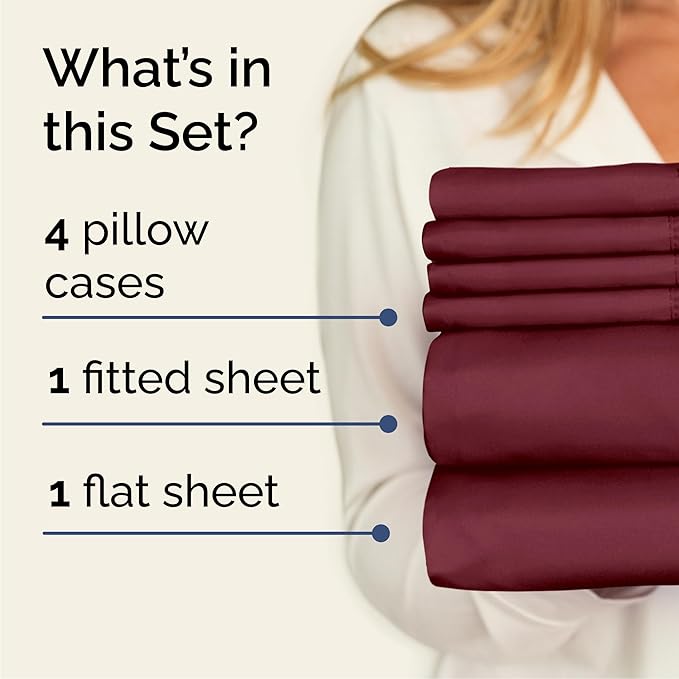 Queen 6 Piece Sheet Set - Cooling, Comfy & Breathable - Hotel Luxury Bedding, Includes Fitted Sheet for Women, Men, Kids & Teens - 1 Flat, 1 Fitted Sheet, 4 Pillowcases with Deep Pockets - Burgundy