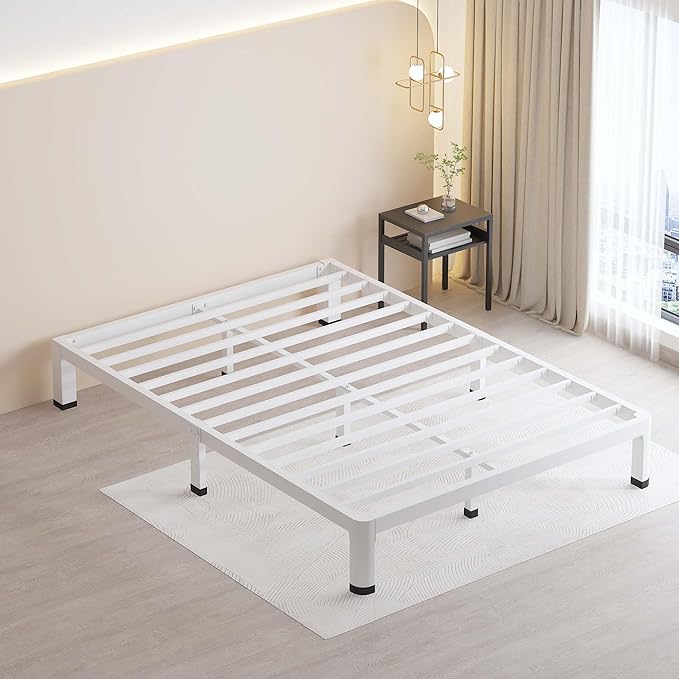 MAF 10 Inch Full Size Bed Frame White with Round Corner Legs Mattress Slide Stopper No Box Spring Needed Heavy Duty Metal Platform Bed Frames Under-Bed Storage Space, 3000 LBS Steel Slats Support