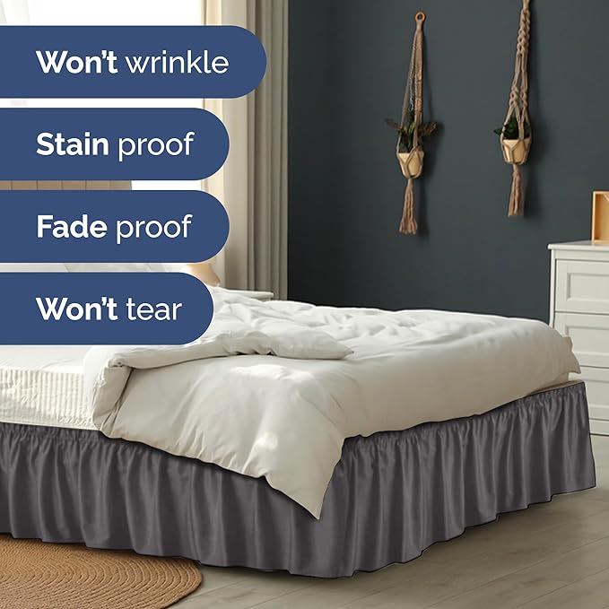 Wrap Around Dust Ruffle Bed Skirt - Dark Grey - for King Size Beds with 24 Inch Drop - Elastic Strap - Adjustable Pleated Bedskirt with Brushed Fabric and Wrinkle Free - for Women, Men, Kids & Teens
