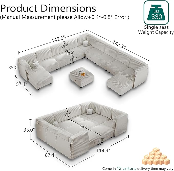 Modular Sectional Sofa with Adjustable Backrest, Large Convertible L/U-Shaped Sleeper Couch for Living Room, Cloud Sofa Bed Modern Reversible Design, White