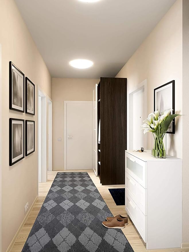 Custom Length Hallway Runner Rug,Slip Resistant,Squares Anthracite, 26 Inch X 4 feet, Doormat, Sold and Priced Per Foot