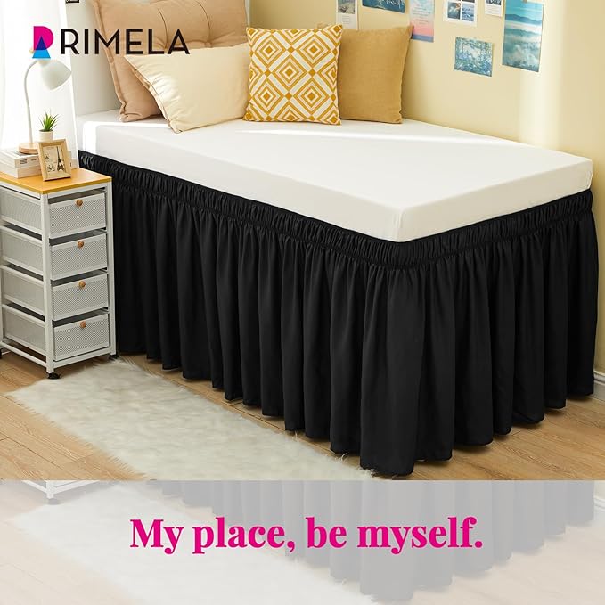 RIMELA Black Bed Skirt Twin 32 Inch Drop Silky Luxurious Fabric, Wrinkle and Fade Resistant with Adjustable Elastic Belt Easy to Install Machine Washable Dust Ruffles Bedskirt for Matress Box Spring