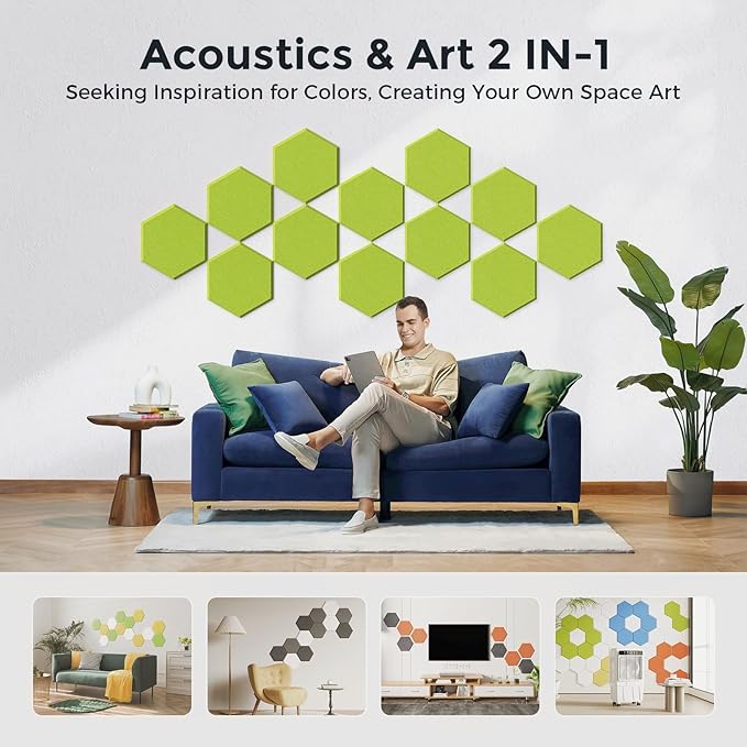 Self-Adhesive Acoustic Panels [390 lbs/yd³ Ultra-High Density], 2nd Generation Sound Absorbing Panel, Professional Level Sound Panel, Polyester Soundproof Foam [Size M, Fruit Green]