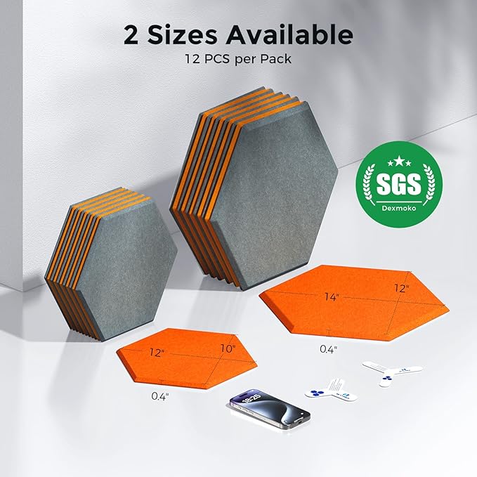 Self-Adhesive Acoustic Panels [390 lbs/yd³ Ultra-High Density], 2nd Generation Sound Absorbing Panel, Professional Level Sound Panel, Polyester Soundproof Foam [Size L, Orange & Moon Grey]