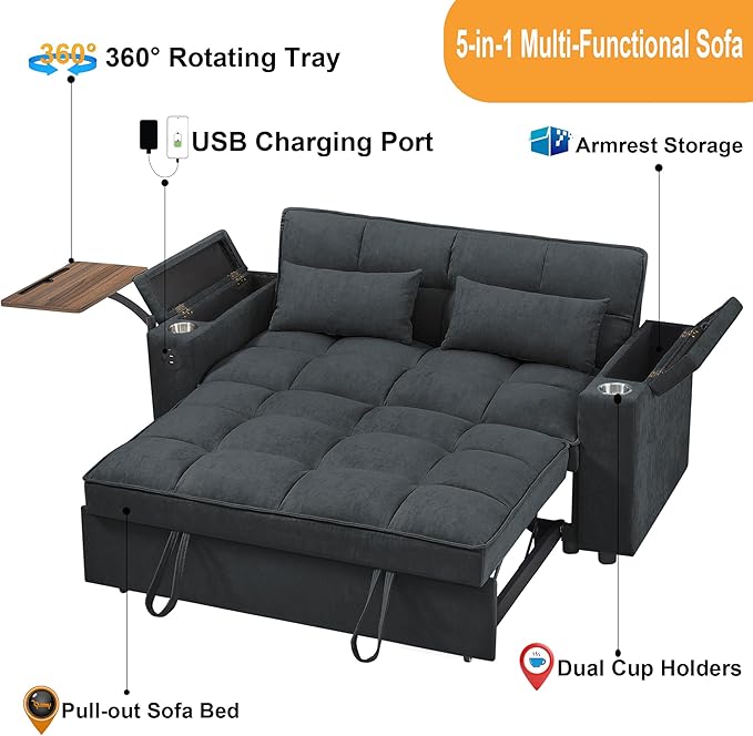 65'' Convertible Sleeper Sofa Bed with Adjustable Backrest, Chaise Lounge, Side Table & USB/Type-C Ports – Stylish & Functional Addition to Any Living Room (Fashion Pink)