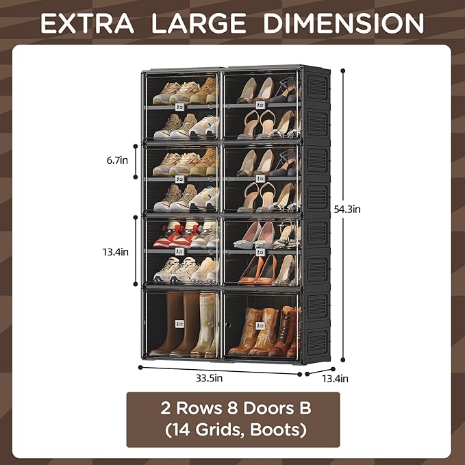 Black Shoe Rack Organizer Cabinet for Closet Entryway,Clear Shoe Storage Boxes Stackable Sneaker Storage with Door Easy Assembly Shoe Cabinet with Lids Large 7 Tiers 28 Pairs
