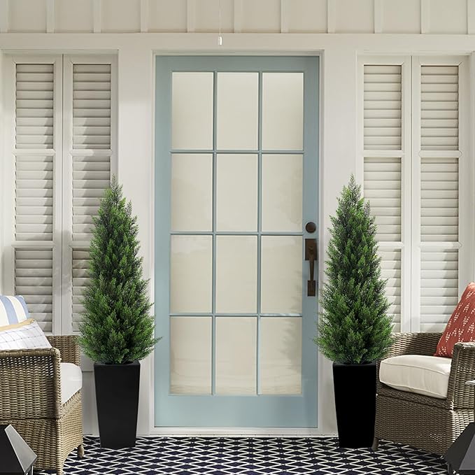 5FT Tall 2 Set Artificial Topiary Cedar Tree, Indoor Realistic Faux Cypress Plants with Square Flowerpot, Outdoor Evergreen Fake Shrubs for Home Living Room Front Porch Decor