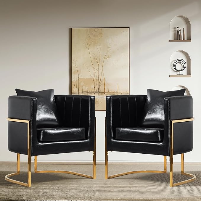 Modern Leather Accent Chairs Set of 2, Mid Century Upholstered Barrel Armchair with Pillow for Living Room, Comfy Single Vanity Chair with Metal Gold Legs for Bedroom, Black