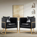 Modern Leather Accent Chairs Set of 2, Mid Century Upholstered Barrel Armchair with Pillow for Living Room, Comfy Single Vanity Chair with Metal Gold Legs for Bedroom, Black