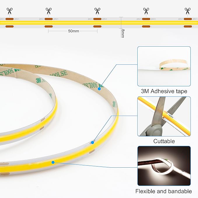 COB LED Strip Light with Remote, Dimmable 24.6FT/7.5M Flexible High Density LED Light,4000K Natural White 2400LEDs Super Bright LED Light Strip CRI 90+ for Bedroom,Kitchen,DIY Home Decoration