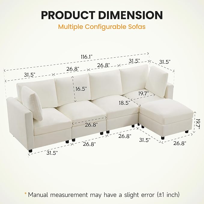 116'' 4-Seater Modular Sectional Cloud Sofa with Ottoman, Convertible L-Shaped Couch for Living Room, Modern Deep Seat Modular Sofa, Chenille Beige