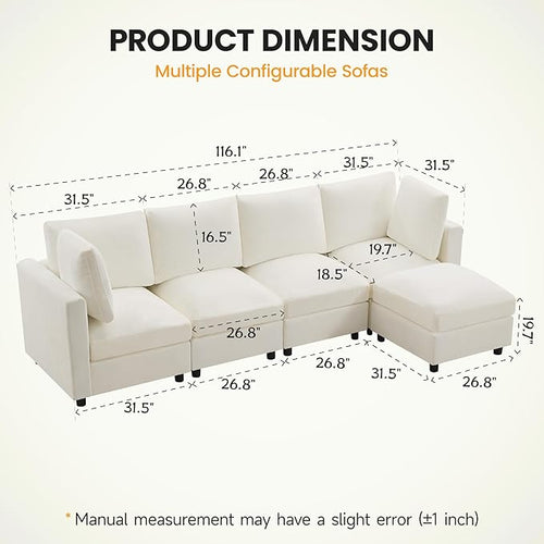 116'' 4-Seater Modular Sectional Cloud Sofa with Ottoman, Convertible L-Shaped Couch for Living Room, Modern Deep Seat Modular Sofa, Chenille Beige