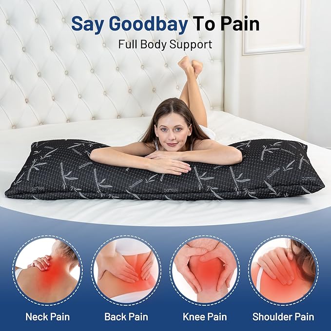 Full Body Pillow with Removable Pillowcase for Adults,（Memory Foam Filling）（Long Pillow for Side Sleepers） （Fluffy and Firm）（Adjustable Filling）（20×54 Inch，Black）