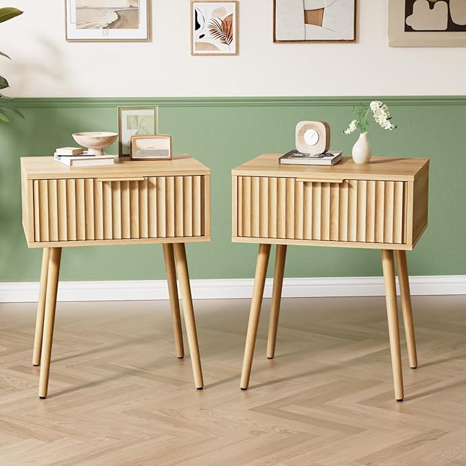 VINGLI Nightstands Set of 2, Fluted Night Stand with Drawer, Bedside Table, Wood Nightstand for Bedroom, Mid Century Modern End Tables, Natural Oak, 18.9" W*14.96" D*24" H