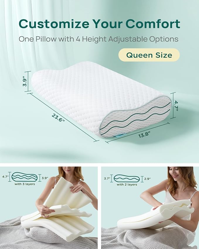 Cervical Neck Pillow, Side Sleeper Pillow for Neck Pain Relief, Adjustable Contour Pillow for Sleeping, Ergonomic Memory Foam Pillow, Orthopedic Cooling Pillow Back Stomach Sleeping, Queen Size