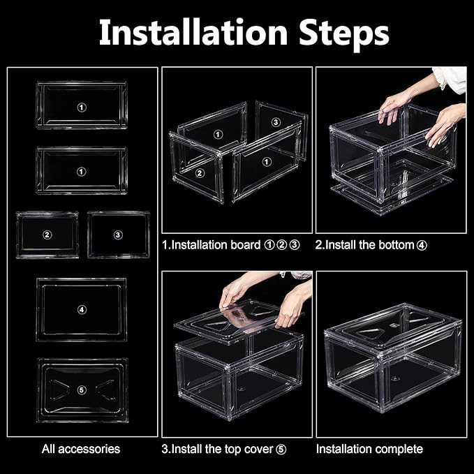 3 Pack Acrylic Shoe Boxes, Ultra Clear Shoe Boxes Stackable, Shoe Storage Box Sneaker Storage for Sneakerhead, Foldable Shoe Organizer with Magnetic Door, Professional Shoe Display Fits US Size 15