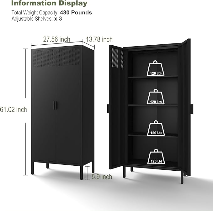 COFaR 4 Tier Black Metal Storage Cabinet, Free Standing with 2 Doors, 3 Adjustable Shelves and Legs, Cupboard Metal Cabinet for Living Room, Kitchen, Dining Room, Office