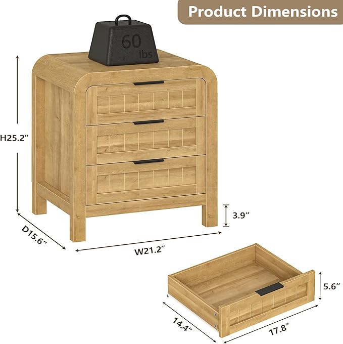IKENO Wood Nightstand Set of 2 with 3 Storage Drawer, 21" Wide Night Stand with Curved Profile Design, Bedside End Table for Bedroom, Living Room, Closet (2, Natural Oak, 3 Drawer)