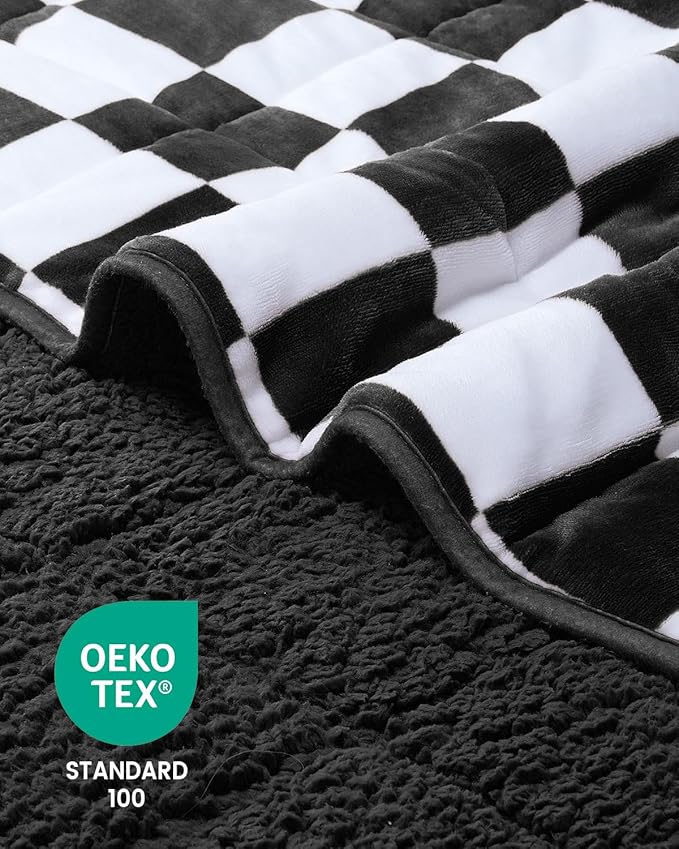 Weighted Blanket for Adults, 10lbs Sherpa Flannel Weighted Blanket Full Size, Soft Fluffy Fleece Checkerboard Weighted Blankets for Calming and Relax, Plaid Black, 48" x 72"