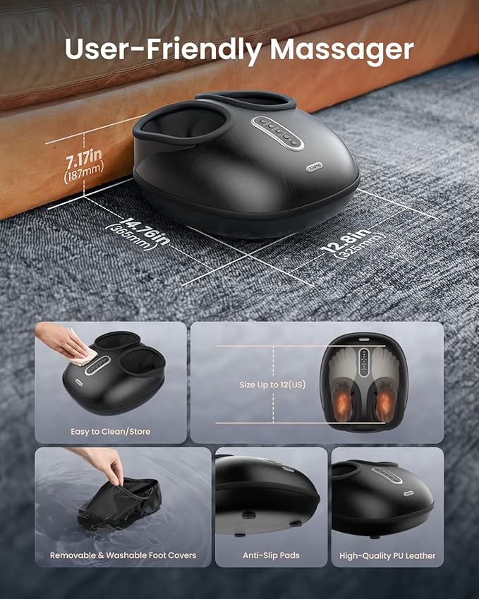 RENPHO Foot Massager Machine with Heat, [2026 Upgraded] FSA Eligible Shiatsu Foot Massager for Plantar Fasciitis, Deep-Kneading, Air Squeezing Feet Massager, Wireless Control, Size 12