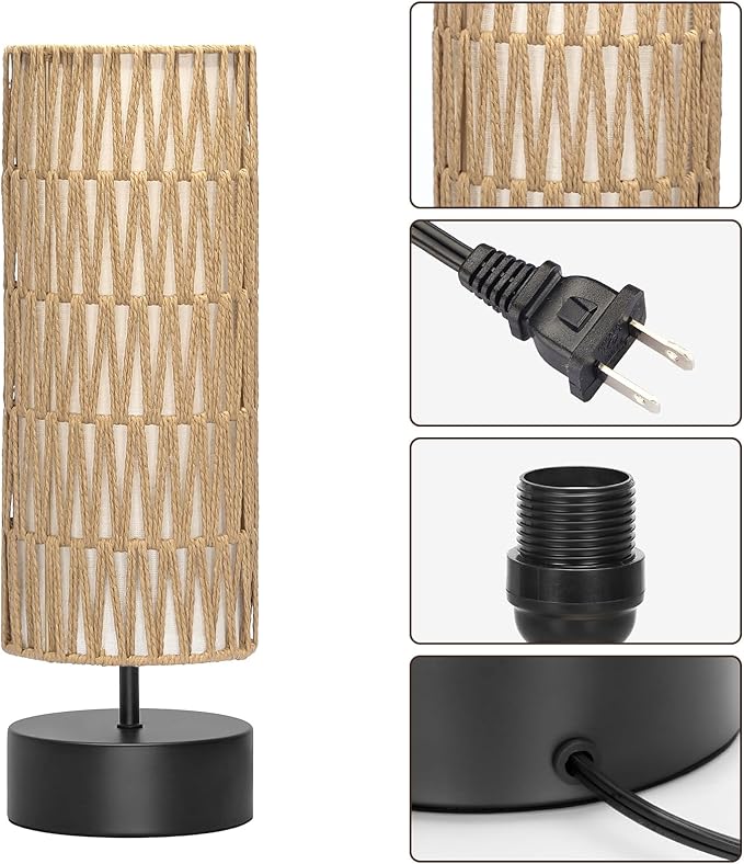 Rattan Table Lamp, Touch Control Bedside Table Lamp with Black Base, 3 Way Dimmable Nightstand Lamp with Dual-layer Shade, Boho Night Light for Bedroom Living Room Home Office, 9W LED Bulb Included