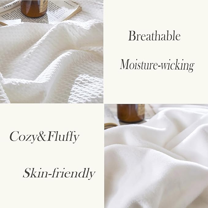 CHUFFED Cotton Waffle Blanket Throw Size - Plush Milk Velvet & Reversible Waffle Weave,Anti-Static 300Gsm Design，Thick Cozy Soft Winter Blanket for Bed, Couch, Sofa - White, 50x70 Inches