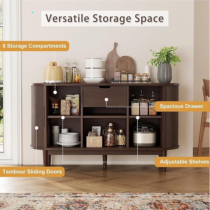 LINSY HOME Sideboard Buffet Cabinet with Storage, 55" Fluted Coffee Bar Cabinet with Tambour Sliding Doors and Drawer, Mid Century Modern Wood Storage Buffet Table for Kitchen, Vintage Walnut
