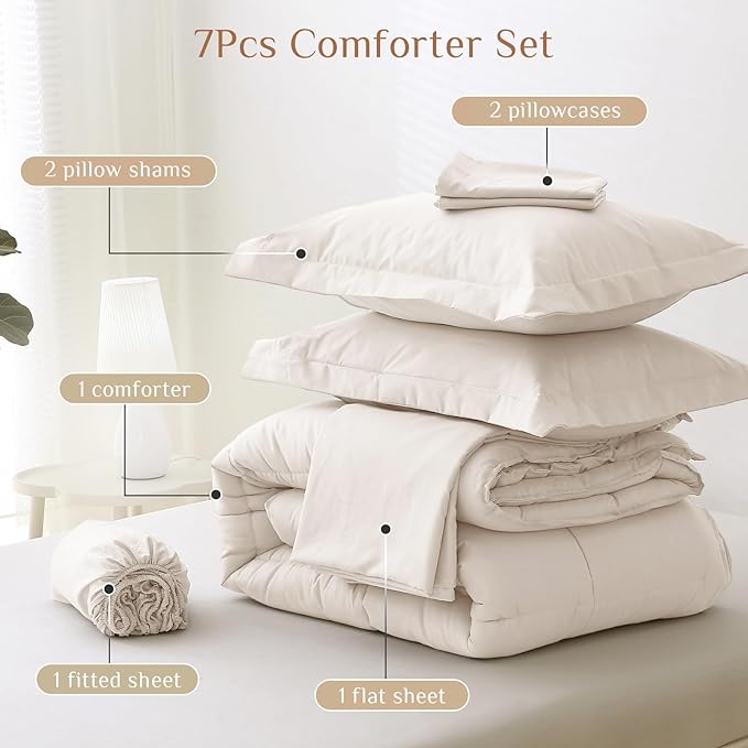 JOLLYVOGUE California King Comforter Set, Ultra-Soft Bed in a Bag Cal King Size 7 Pieces, Oeko-TEX Certified Bedding Set with Down Alternative Comforter, Sheets, Pillowcases & Shams, Beige