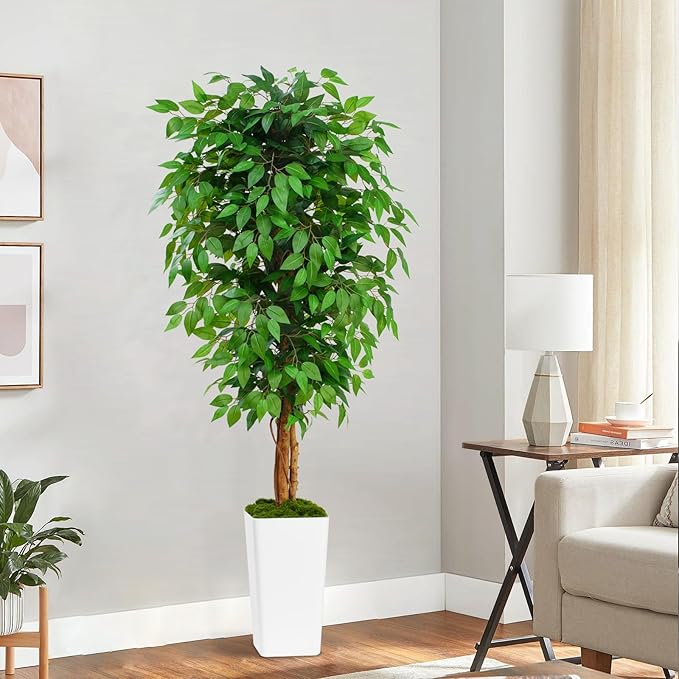6ft Ficus Artificial Tree with 3 Natural Curved Trunks, 74" Tall Lush Faux Tree for Home Decor Indoor, Green Lifelike Fake Ficus Tree with White Planter Pot