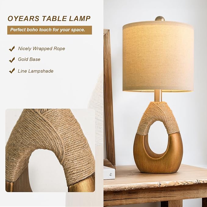 OYEARS 19" Table Lamps Set of 2, Boho Lamps for Living Room, Rustic Bedside Lamps for Bedroom, Farmhouse Rattan Table Lamp, Small Space Nightstand Lamp for Home Office (Bulb Not Included, Gold)