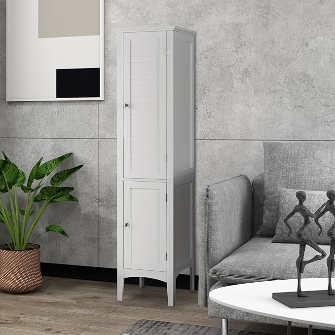 COSTWAY Tall Bathroom Storage Cabinet, 5-Tier Freestanding Linen Tower Cabinet with 2 Doors, Wooden Side Storage Organizer, Narrow Slim Floor Cabinet for Bathroom, Living Room, Kitchen (White)