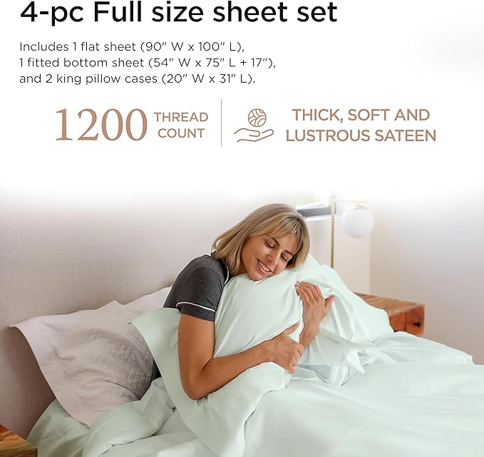 Threadmill Luxury Full Size Sheets for Full Size Mattress, 1200 Thread Count Supima Cotton Sheets for Full Mattress, 5-Star Hotel Quality 4 Piece Bed Sheets with Extra Deep Pocket, Seaglass