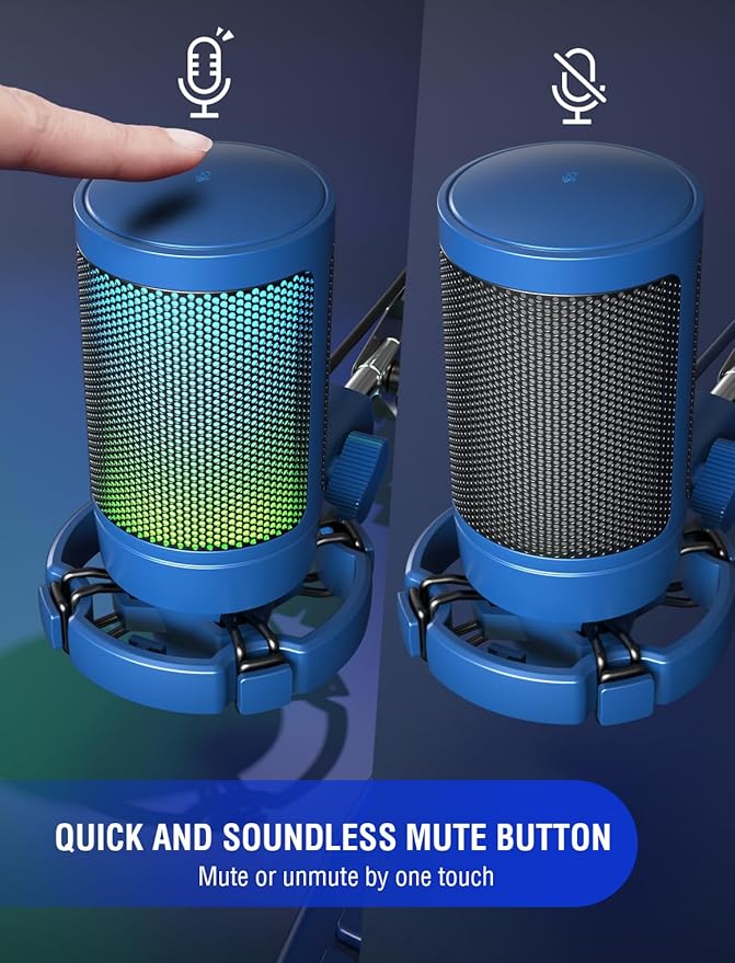 FIFINE Gaming Streaming USB PC Microphone for Mac OS/Windows, AmpliGame Condenser Cardioid Mic with RGB for Video Vocal Recording Twitch Discord, Gamer Computer Mic-Blue