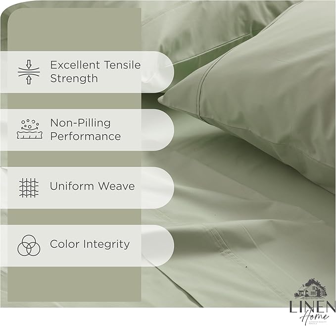 Linen Home 100% Cotton Percale Sheets Full Size, Sage, Deep Pocket, 4 Pieces Set - 1 Flat, 1 Deep Pocket Fitted Sheet and 2 Pillowcases, Crisp Cool and Strong Bed Linen