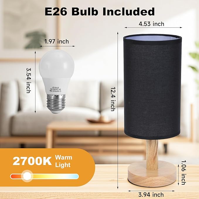 Black Small Bedside Table Lamp for Bedroom,Natural Round Wood Base&Fabric Linen Shade,Cozy Night Table Light for Study Reading,Minimalist Boho Desk Lamp for Nightstand,Living Room,Nursery,Kitchen,Dorm