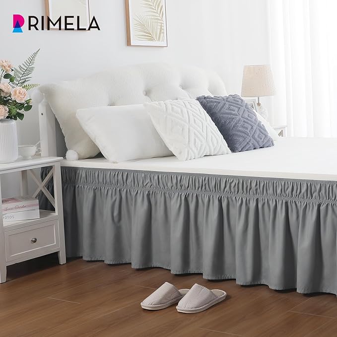 RIMELA Gray Queen Bed Skirt 12 Inch Drop,Elastic Bed Skirts Queen Size Dust Ruffle, Light Grey Bedskirt for Adjustable Bed Base Solid Fade Resistant Silky Fabric Machine Washable Easy to Install
