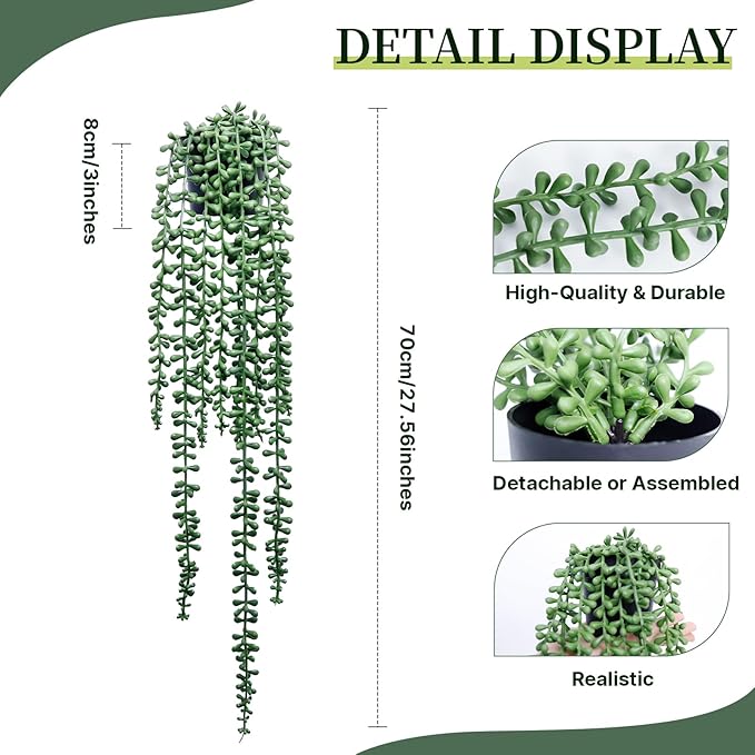 Artificial Hanging Plants for Shelf, 2-Pack Fake Potted Greenery Faux String of Pearls in Black Pot, Décor for Office Living Room Bathroom Indoor Outdoor