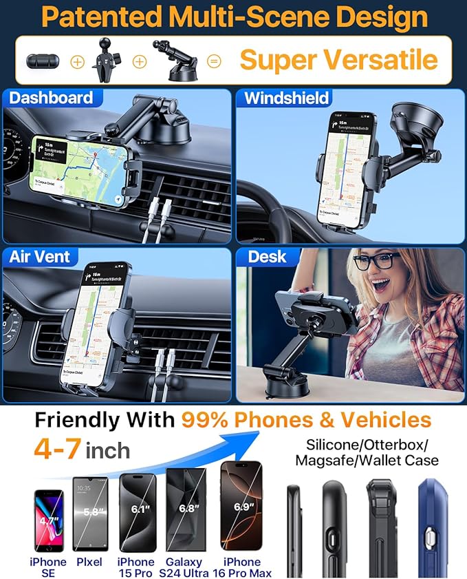 [2025 Upgrade Extreme Strong Suction] YRU Car Phone Holder Mount,[Bumpy Road Stable]Dashboard Cell Phone Holder for Car Vent Windshield Phone Stand for iPhone 16 15 14 13 Pro Max Samsung Truck, Black
