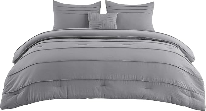 Bedsure King Comforter Set - 4 Pieces Pinch Pleat Bed Set, Grey Boho Bedding for All Season, 1 Soft Comforter, 2 Pillowcases, 1 Decorative Pillow