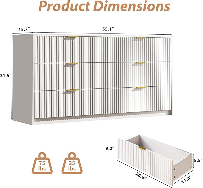 White 6 Drawer Dresser for Bedroom, 55" Wide Modern Chest of Drawers with Gold Metal Handles, Fluted Wood TV Stand for Living Room, Hallway