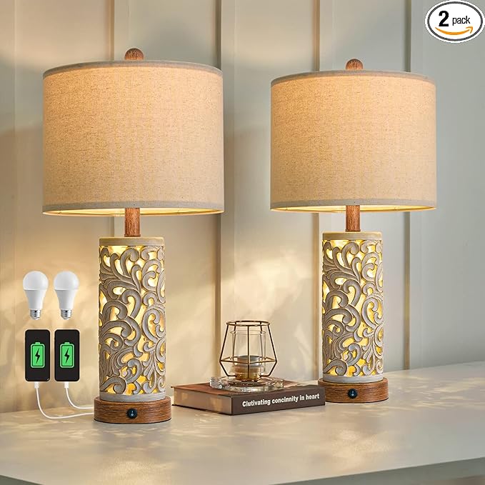 OYEARS 22'' Table Lamp Set of 2 for Living Room,Farmhouse Lamp for for Bedroom,Vintage Retro Bedside Lamps with USB Ports Linen Shade for Home Office (Brown, Bulb Included)