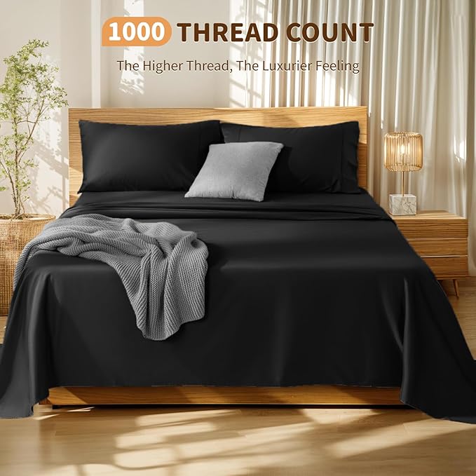 LBRO2M 100% Cotton Sheets Set Deep Pocket 19", 1000 Thread Count California King Size 4 Piece Bed Sheet Sets Soft Comfortable Bedding All Season (California King, Black)