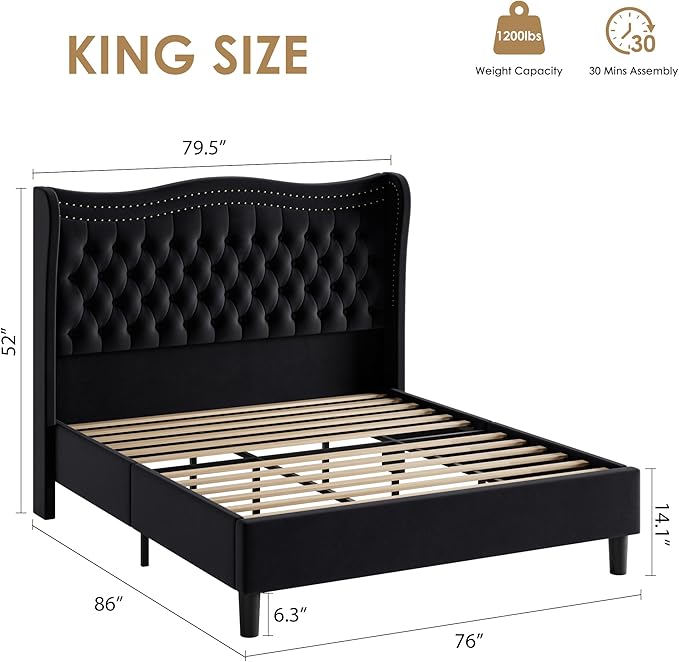 Upholstered King Size Bed Frame with Tall Headboard, Velvet Wingback Platform Bed Frame with Deep Button Tufted, No Box Spring Needed, Noise Free, Black