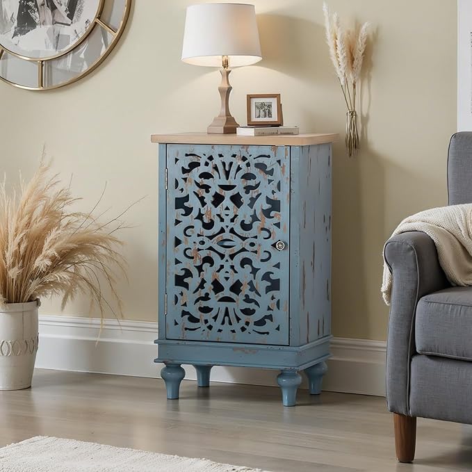 PHI VILLA Small Accent Storage Cabinet with Single Door - Decorative Nightstand for Living Room Bedroom, End Side Table Cabinet Blue