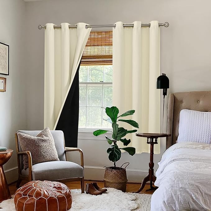 BGment Cream 100% Blackout Curtains for Bedroom 63 Inch Length 2 Panels Set, Thermal Insulated Full Light Blocking Grommet Noise Cancelling Window Curtains&Drapes with Black Liner, 42 Inch Wide Each