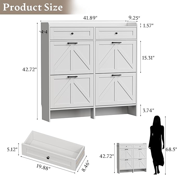 Shoe Storage Cabinet for Entryway, Farmhouse Wide Shoe Cabinet with 4 Flip Drawers and 2 Top Drawers, Freestanding Organizer with Adjustable Shelves, Hooks, and Anti-Tip Kit for Hallway