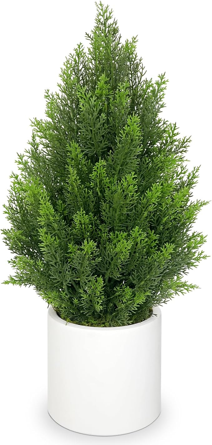 Briful 27” Artificial Cedar Topiary Tree in White Planter – Realistic Faux Evergreen Floor Plant with Layered Leaves, Decorative Indoor Outdoor Potted Shrub for Home, Office, Patio, Porch