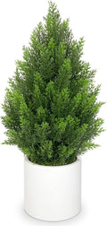 Briful 27” Artificial Cedar Topiary Tree in White Planter – Realistic Faux Evergreen Floor Plant with Layered Leaves, Decorative Indoor Outdoor Potted Shrub for Home, Office, Patio, Porch