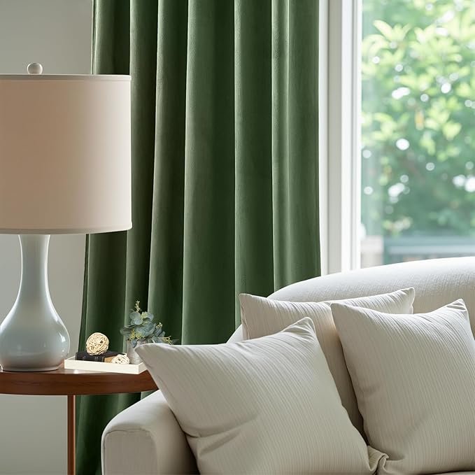 Olive Green Velvet Curtains 108 Inches Long for Bedroom, Luxury Room Darkening Thermal Insulated Blackout Curtains Luxury Window Drapes for Living Room, Back Tab Rod Pocket, W52 x L108, 2 Panels